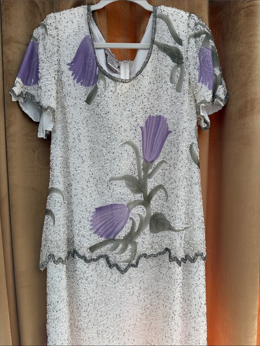 Vintage White Beaded Floral Silk Short-Sleeve Maxi dress with Lavender Blooms